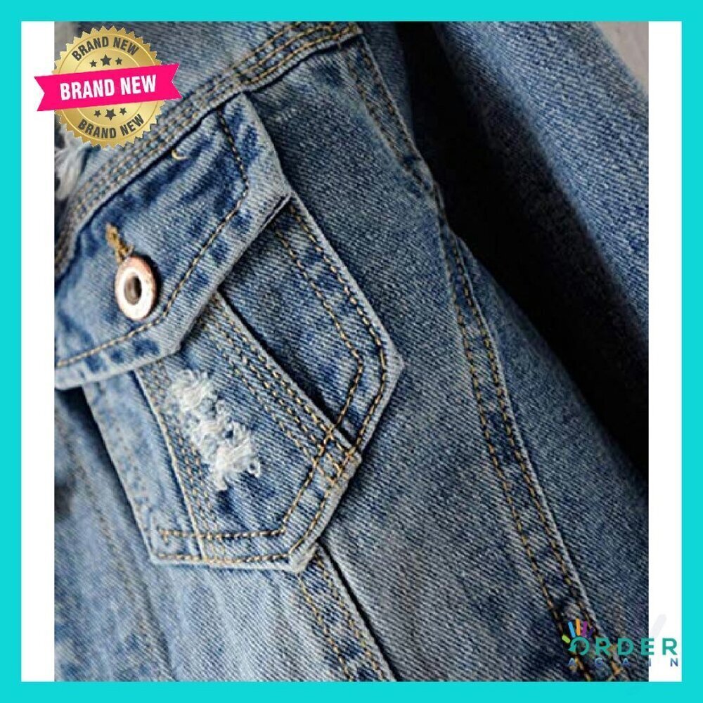 Distressed Ripped Denim Jacket Classic Vintage Trucker Fit Long Sleeve - Picture 5 of 8